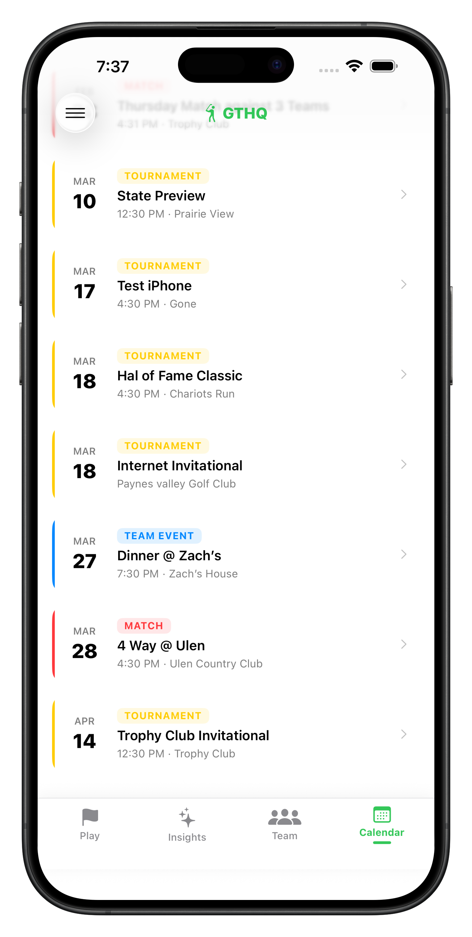 Season calendar with tournaments and events